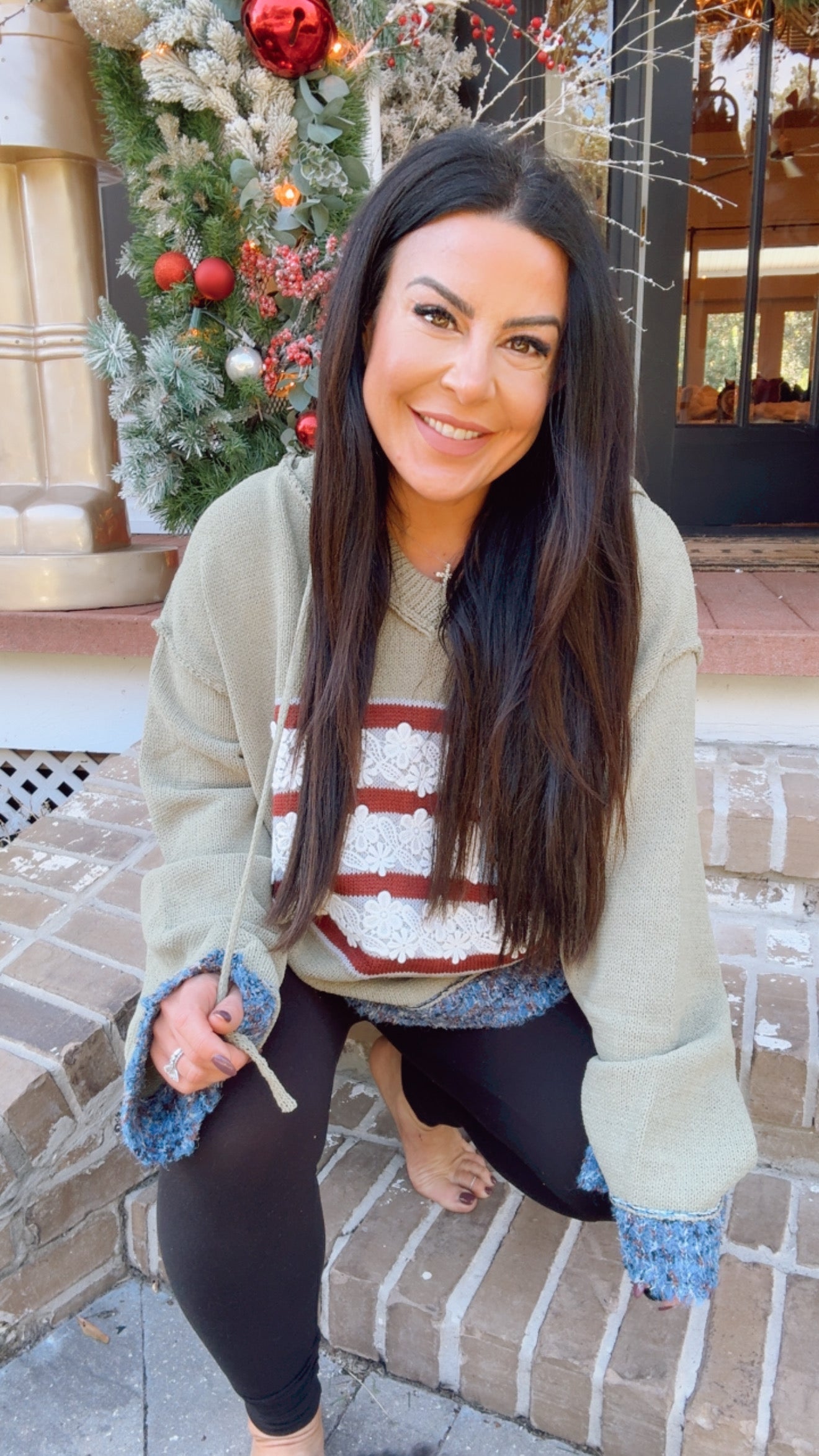 Olive POL Knit Hoodie With American Flag