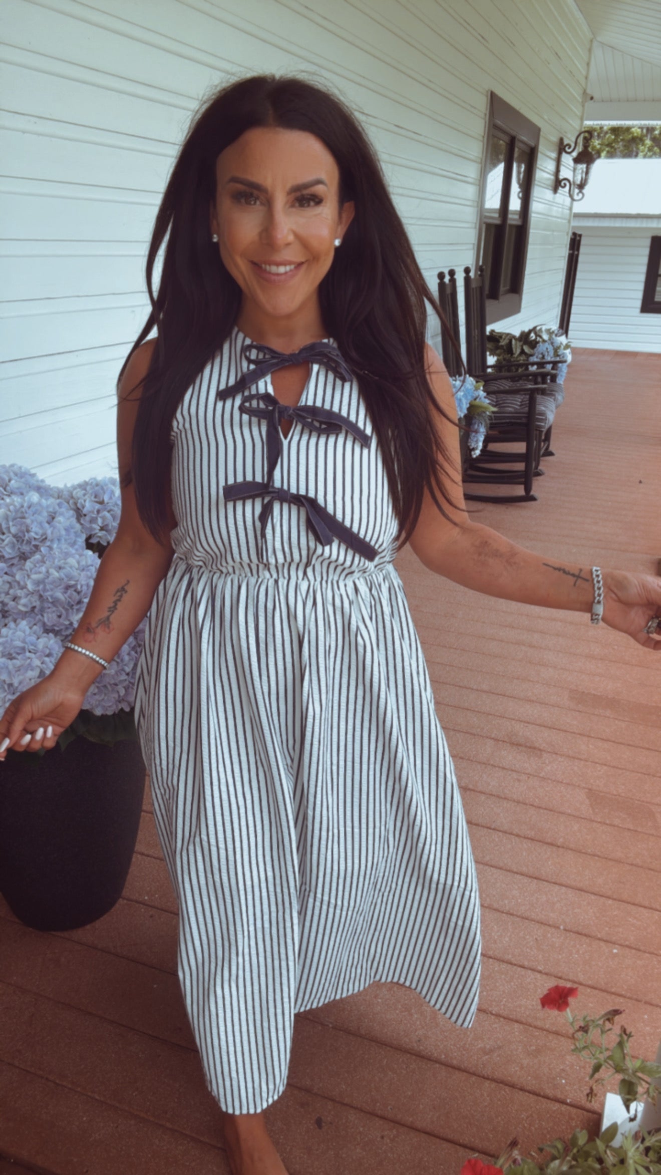 Taupe and Navy Maxi Pinstripe Dress