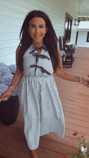Taupe and Navy Maxi Pinstripe Dress
