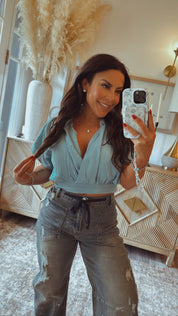 Teal Lightweight Linen Deep V Top