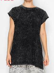 Stitch and CO Washed Black Studded Sleeve Top