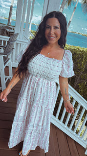 Pink and White Floral  Puff Sleeve Maxi Dess