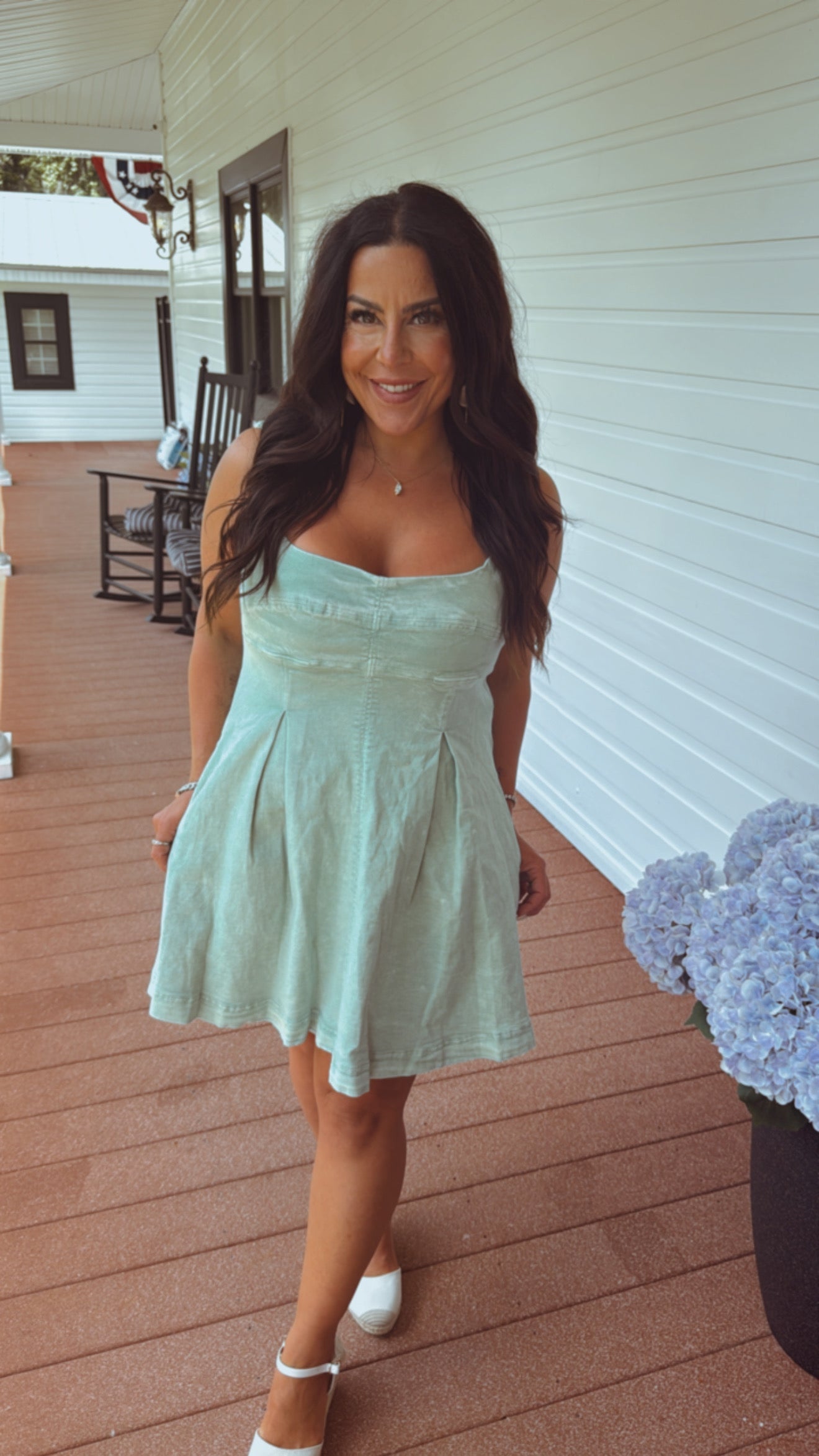 Seafoam Box Pleat Flare Denim Dress