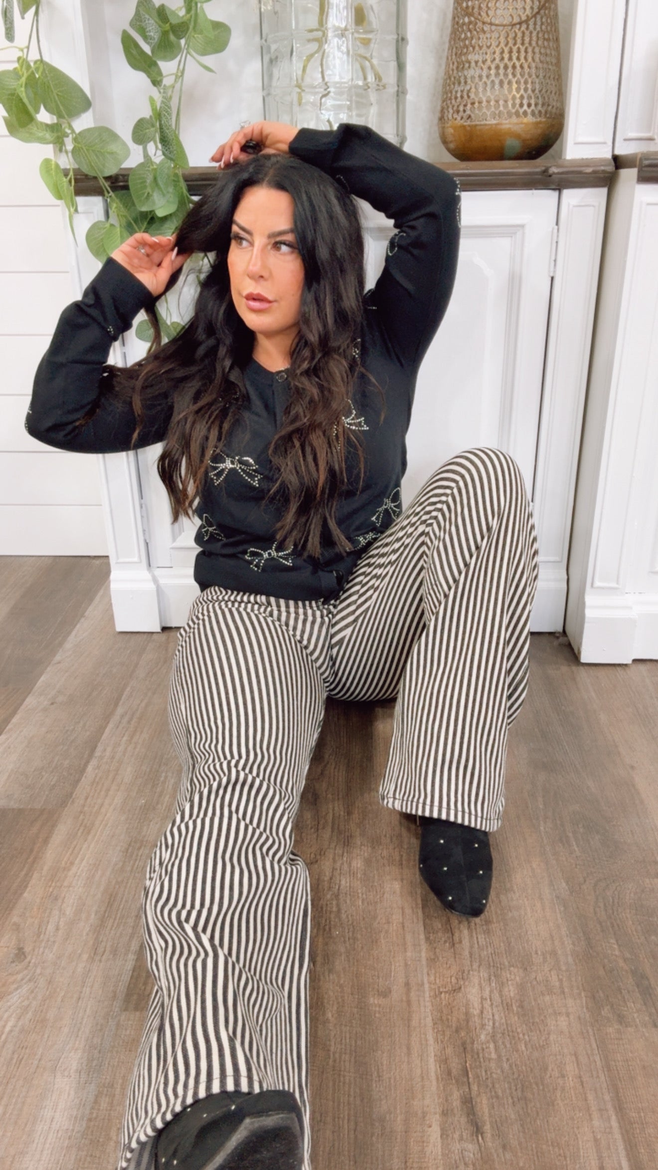 Black and White Striped High Rise Straight Leg Jeans