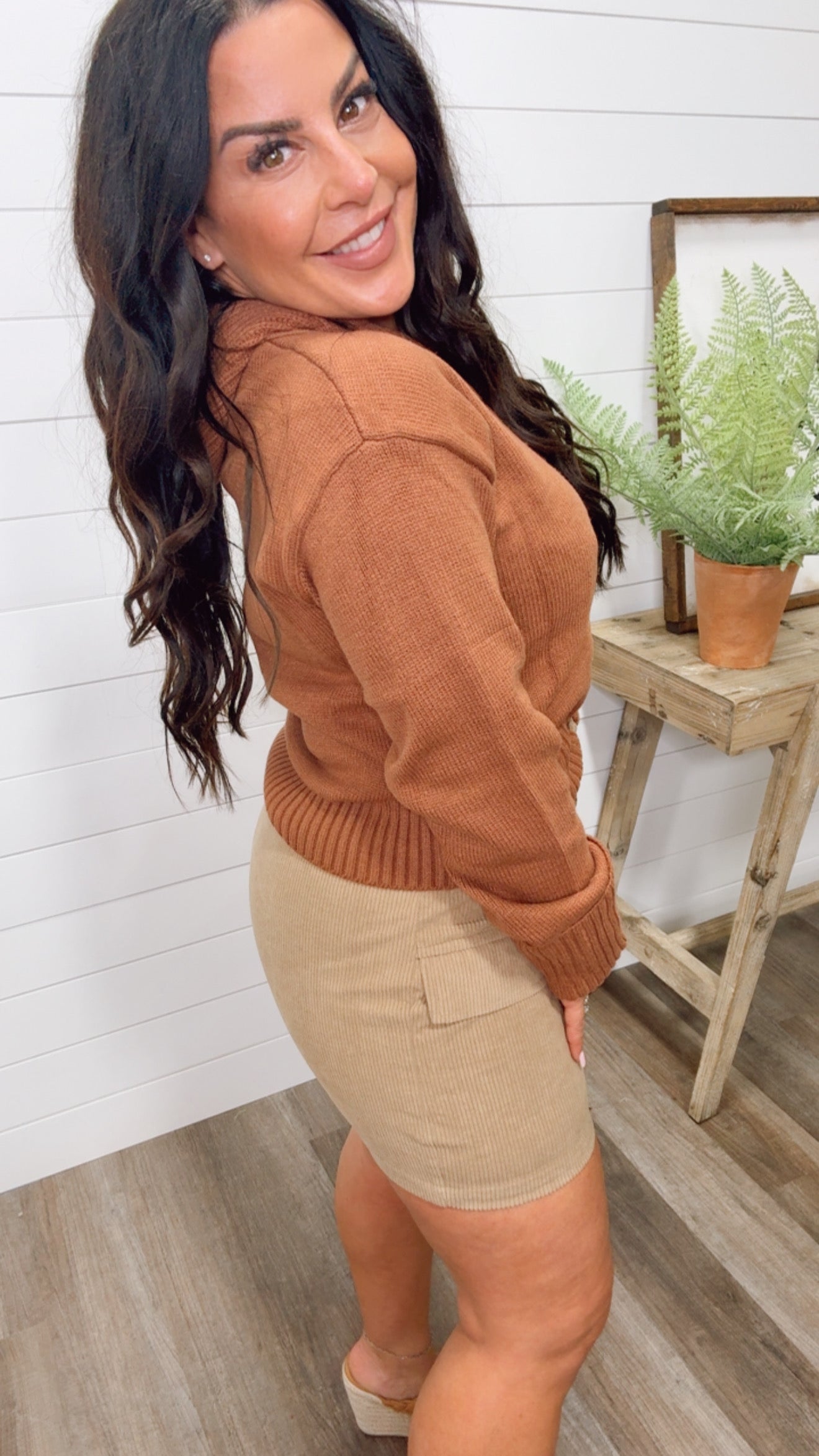 chic Brown Vcut  Knit Sweater Top