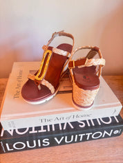 Dark Brown and Woven Strap Wedges