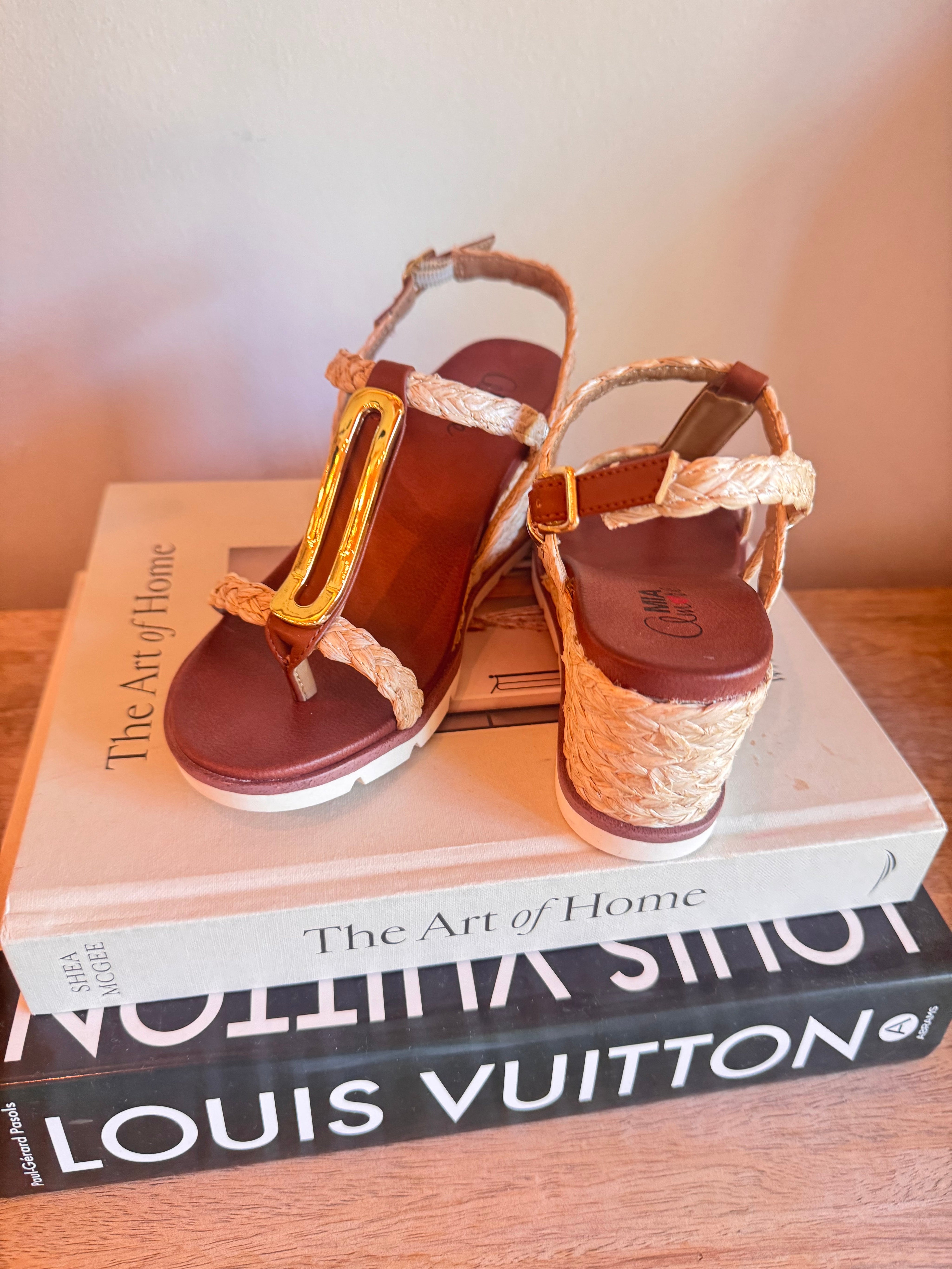 Dark Brown and Woven Strap Wedges