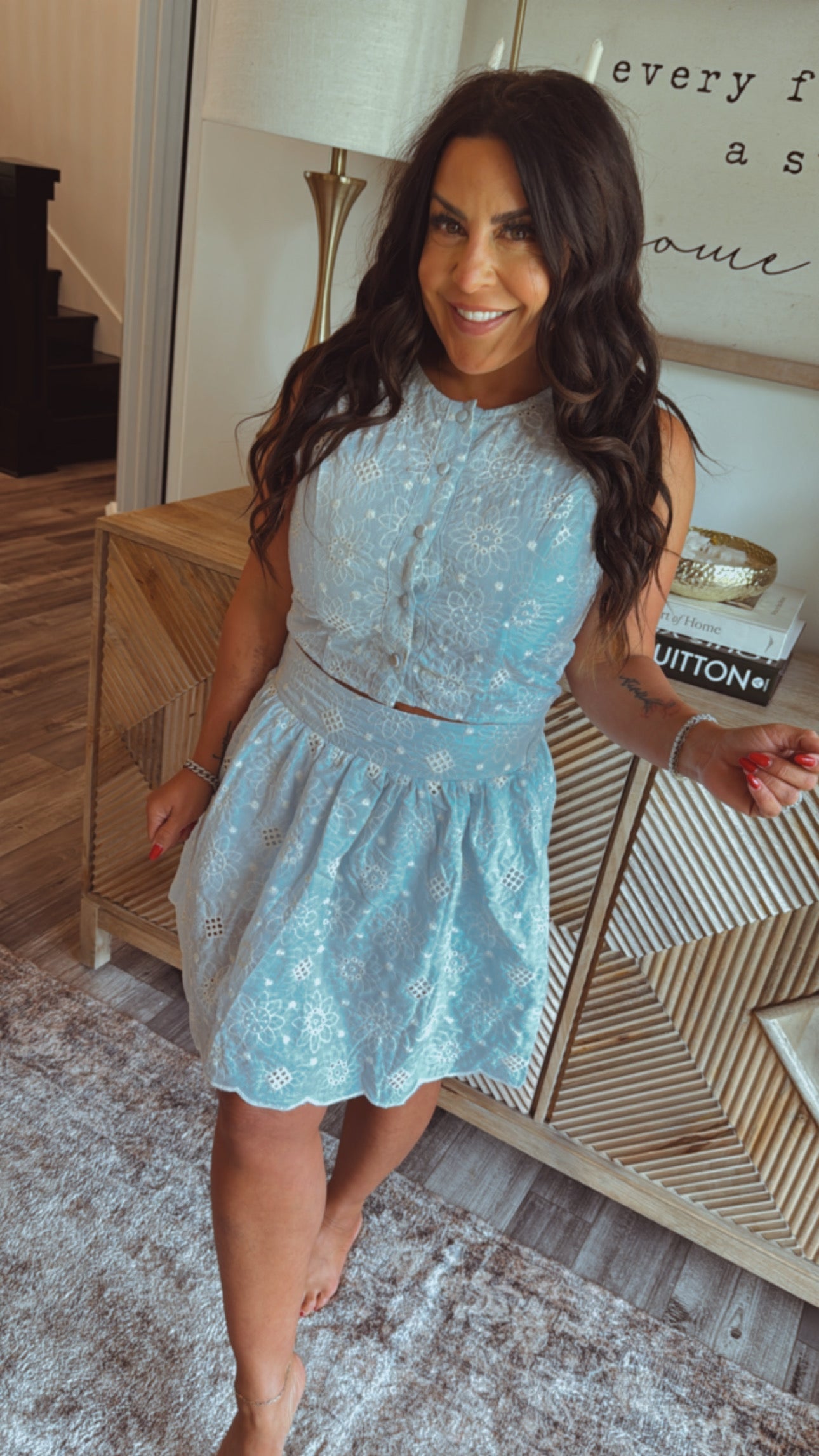 Blue and White Eyelet Lace Two Piece Set top and Skirt Drop the Walls Blue and White Eyelet Lace Two Piece Set top and Skirt Drop the Walls