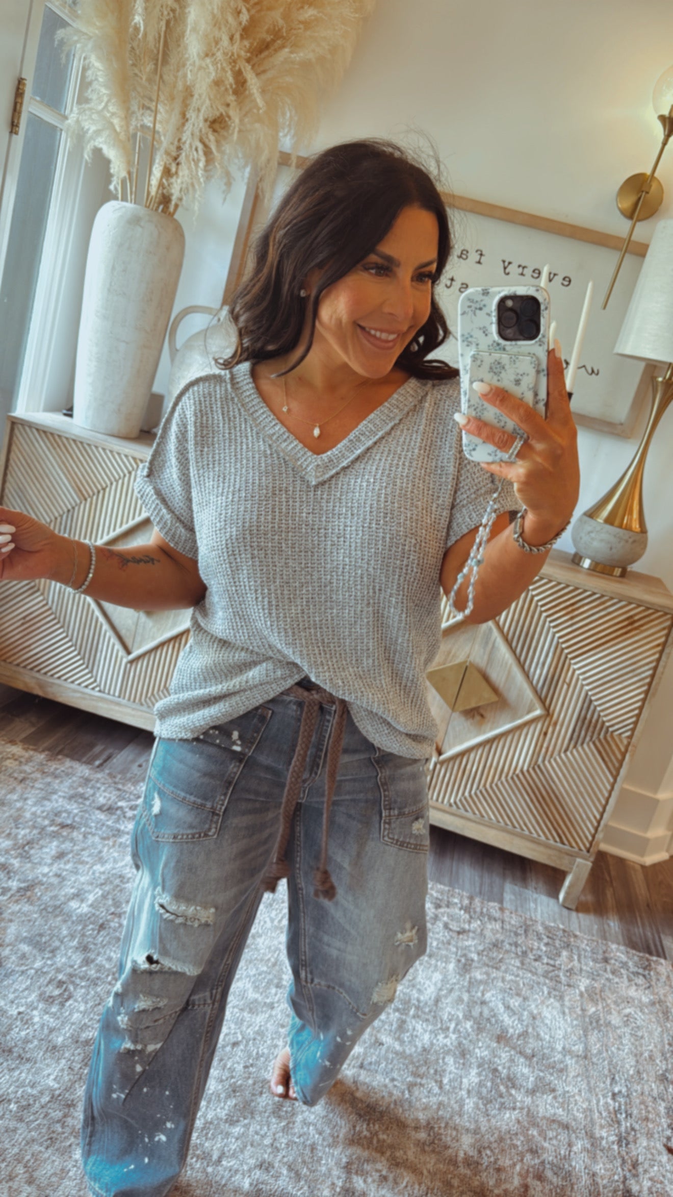 Loose Fit Lightweight Grew Vneck Knit Top