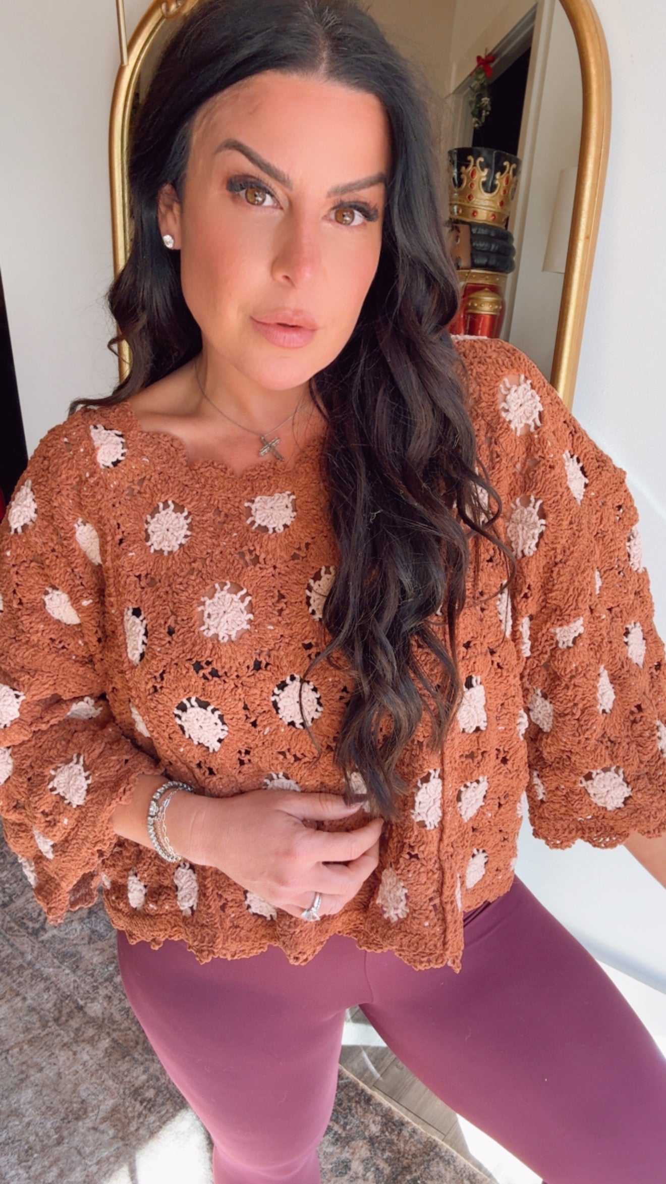 Brick and Latte Crochet Knit Poncho Sweater