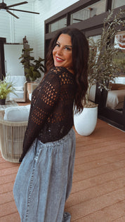 Chic Black Loose Knit Tie Fron Cardi