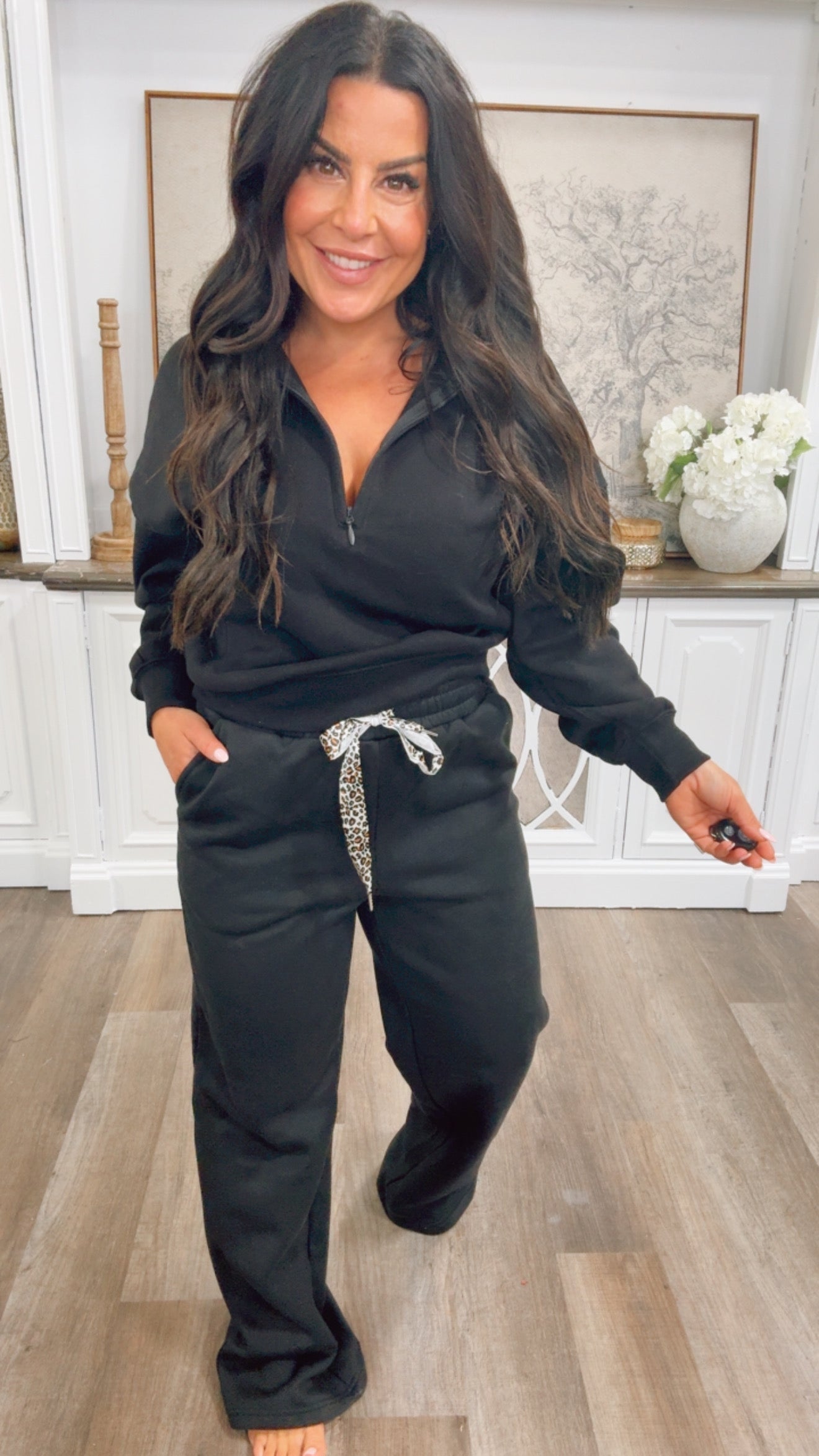 Plush Black and Leaopard Tie Waist Joggers