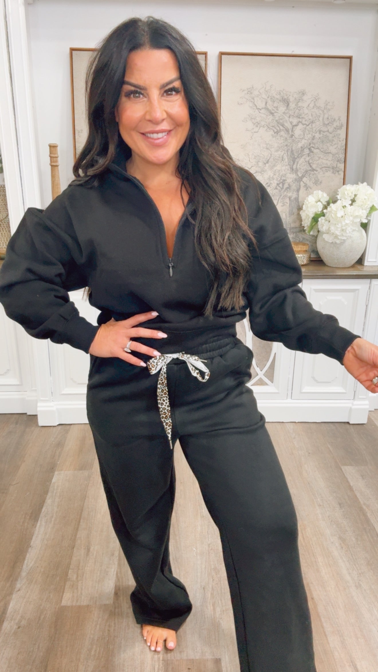 Plush Black and Leaopard Tie Waist Joggers