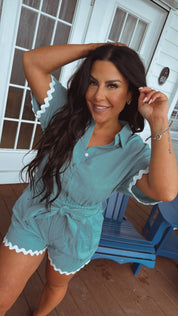 Ocean Blue and White Scalloped Piped Romper