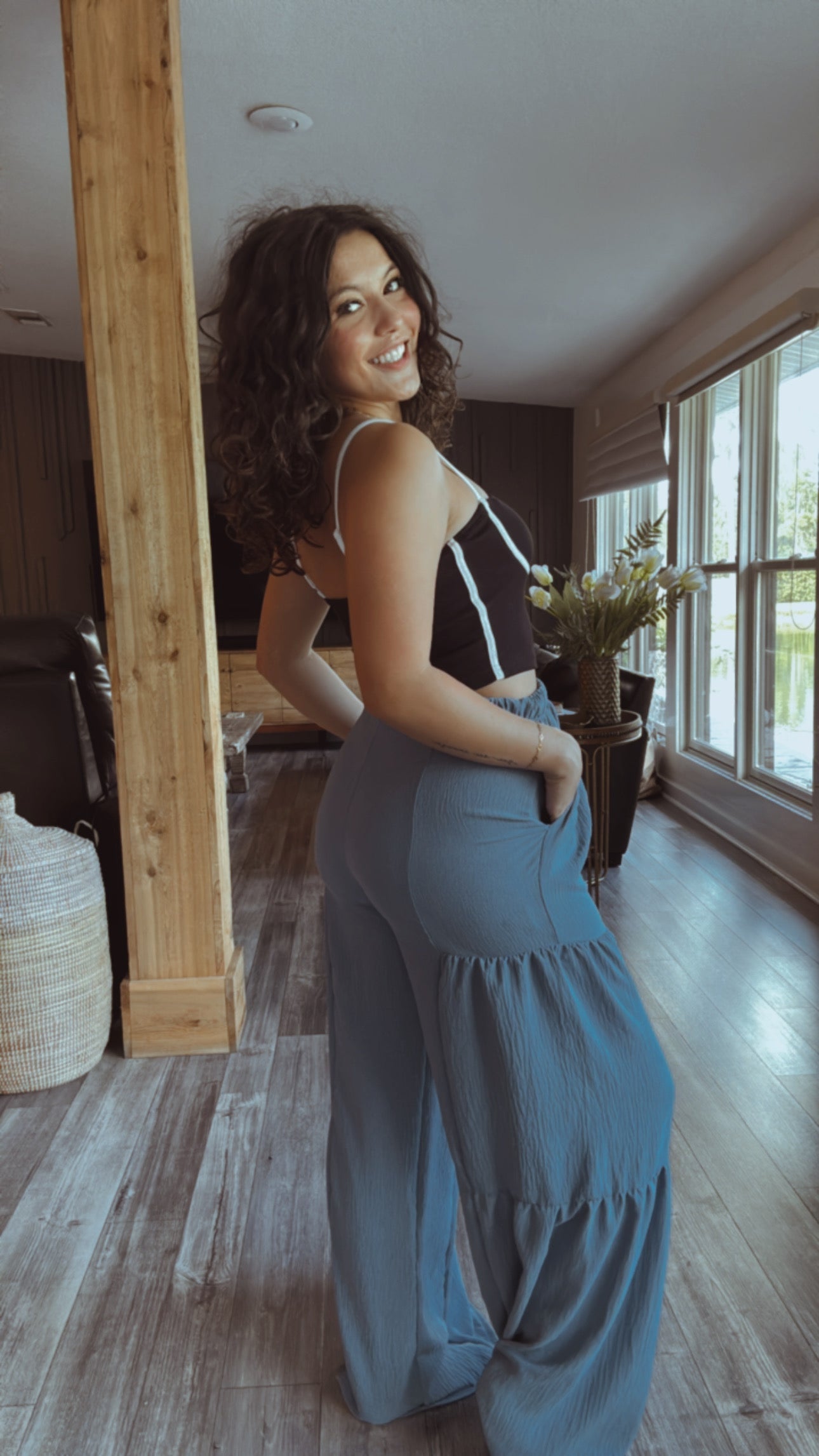 Steel Blue Flowy Textured Lightweight Wide Leg Pants