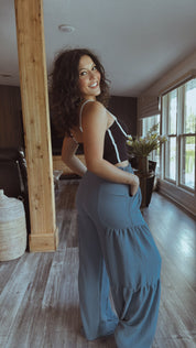 Steel Blue Flowy Textured Lightweight Wide Leg Pants