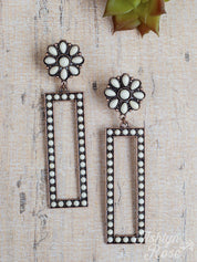 Ace-High Stoned Rectangle Earrings with Flower Stud, Cream