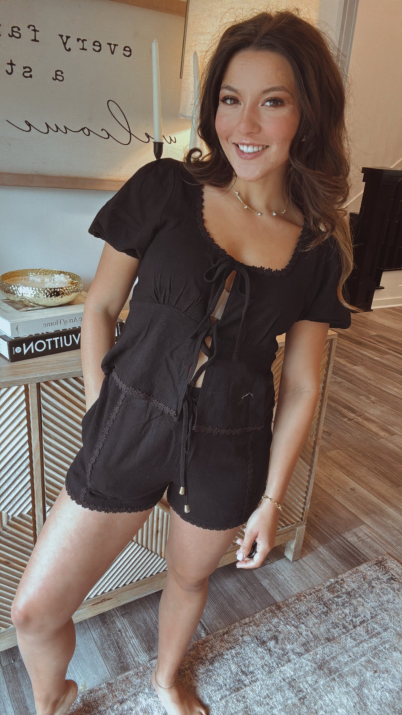 Chic Black and Floral Lace Trim Shorts