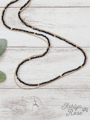Glitz, Glam, Simple Strands Double Beaded Black Necklace with A Gold Chain