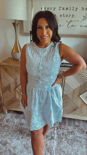 Blue and White Eyelet Lace Two Piece  Set top and Skirt