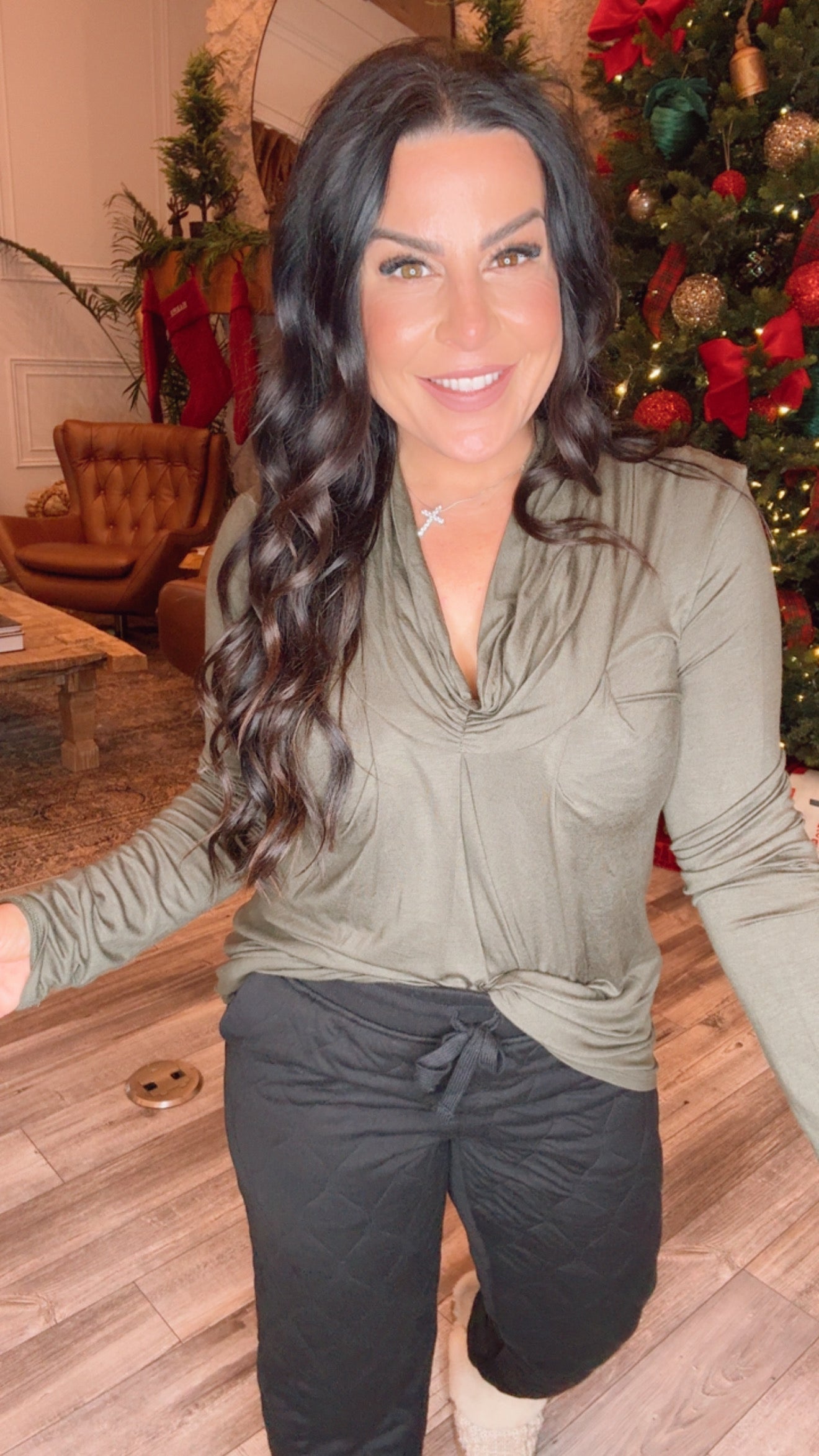 Olive Vneck Long Sleeve Top