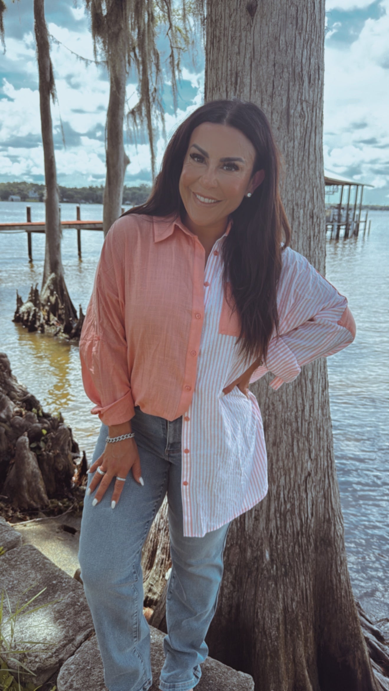 Lightweight Coral and White Striped Button Up Top - DEAL OF THE DAY