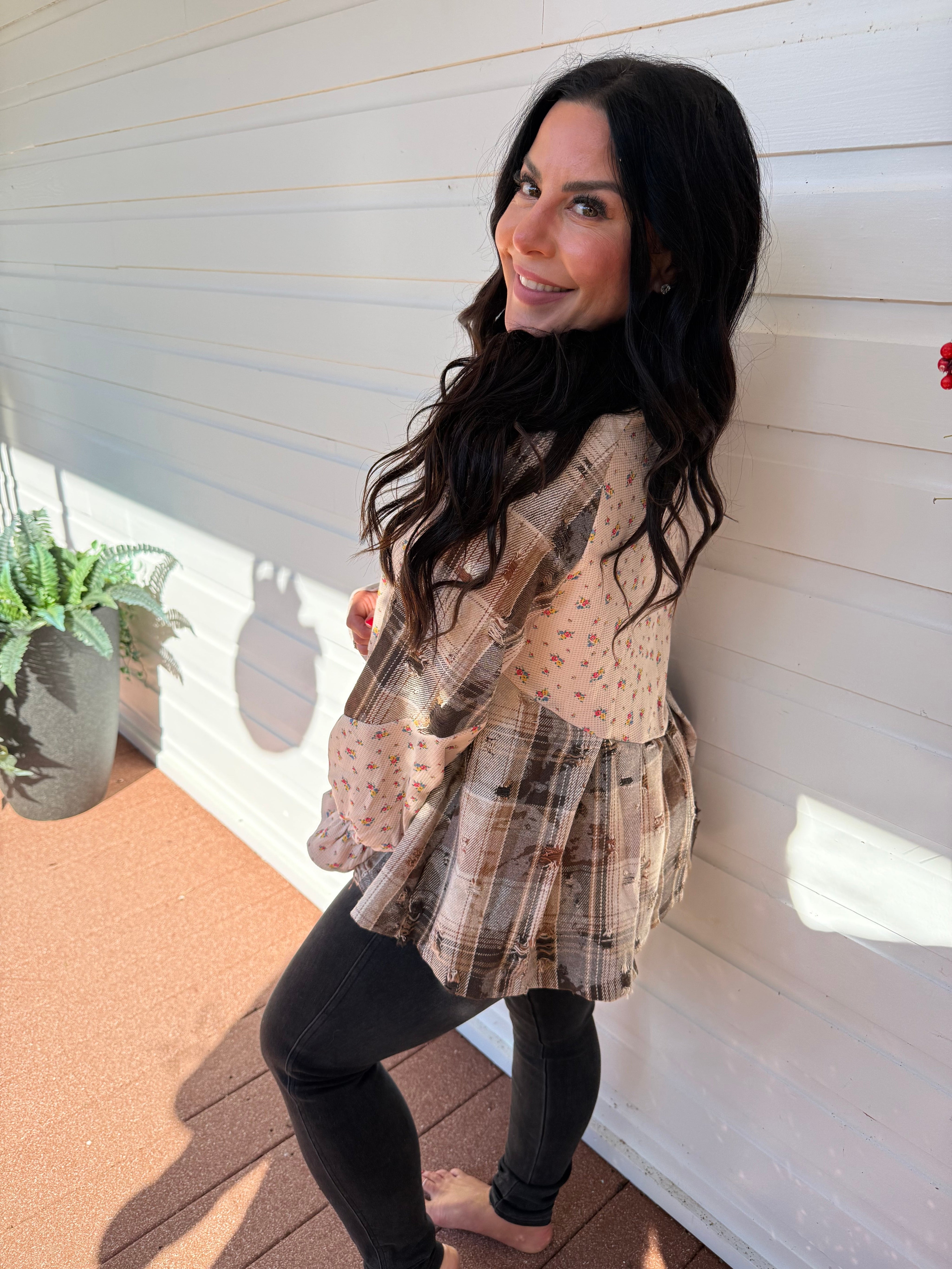 Distressed Flannel and Floral Button Up Shacket