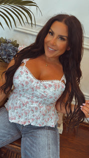 White and Pink Flutter Sleeve Floral Top