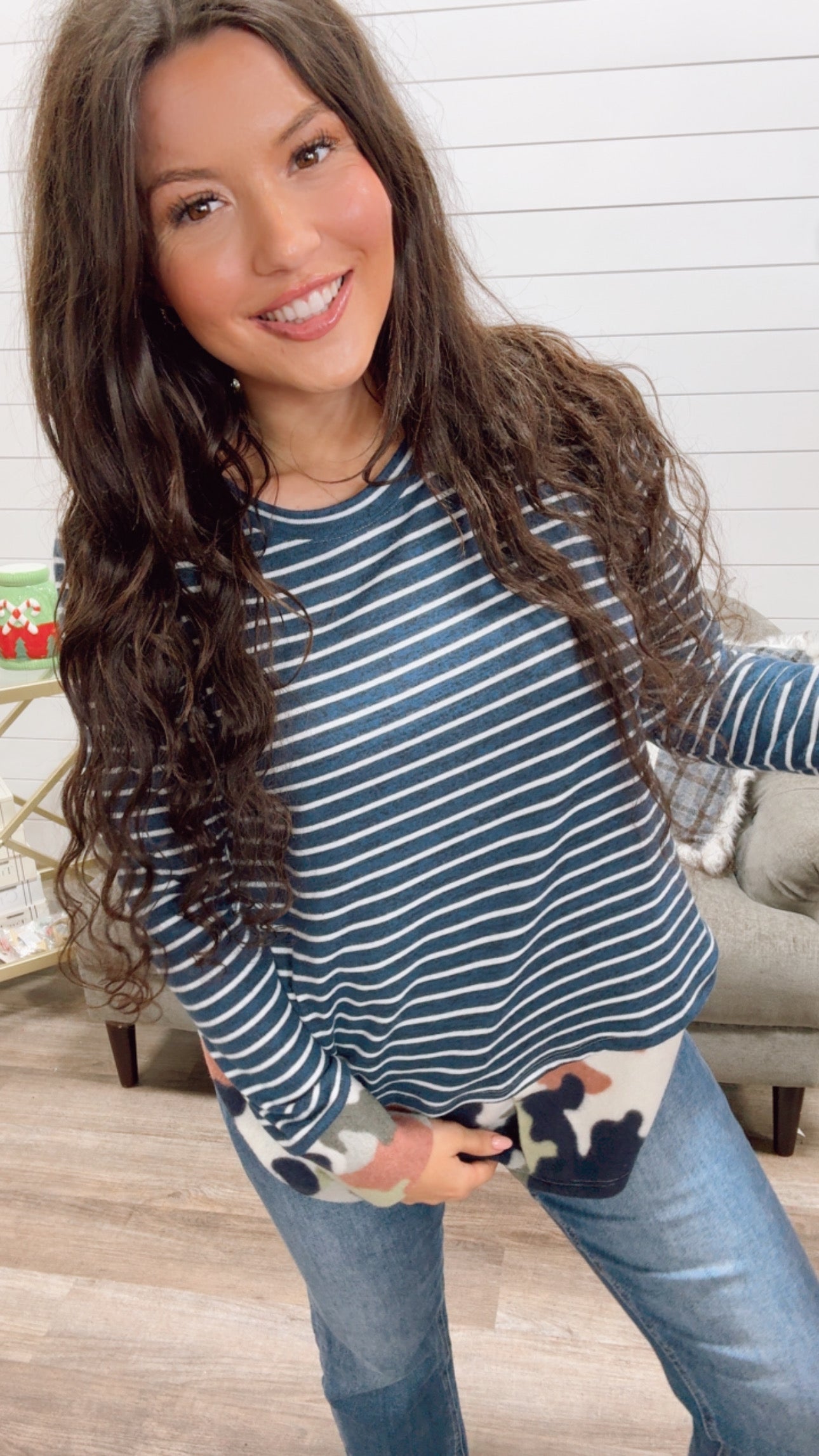 Navy and White Striped Camo Trimmed long Sleeve Top *Final Sale*