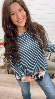 Navy and White Striped Camo Trimmed long Sleeve Top *Final Sale*