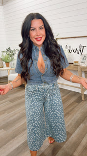 Denim Crystal Studded Button Up Shirt