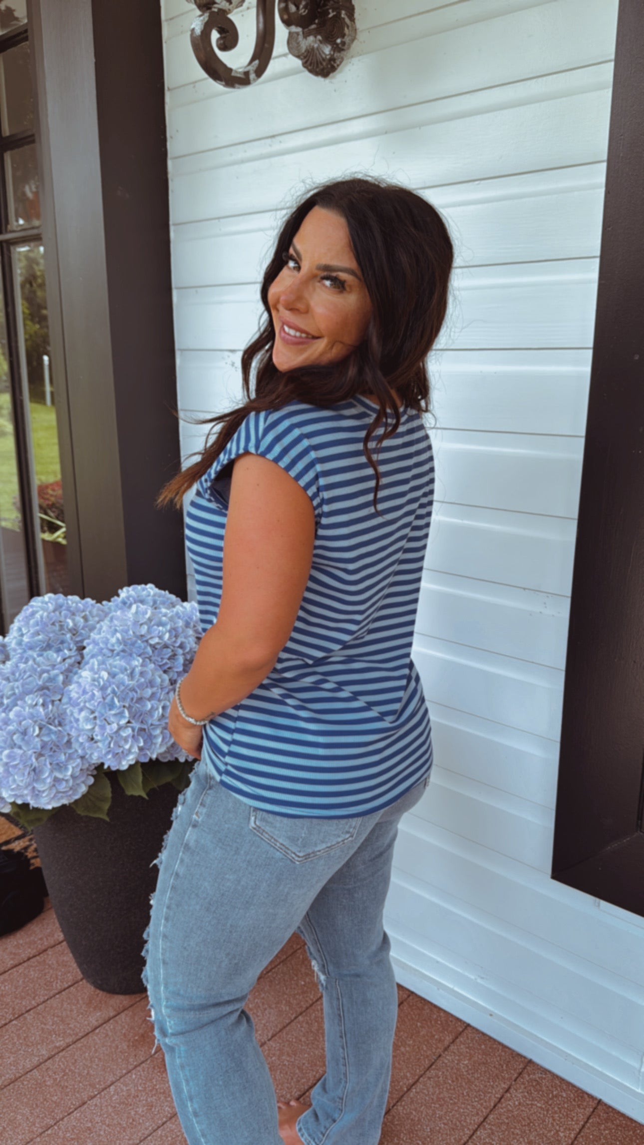 Lightweight Blue Striped and Ribbed Top