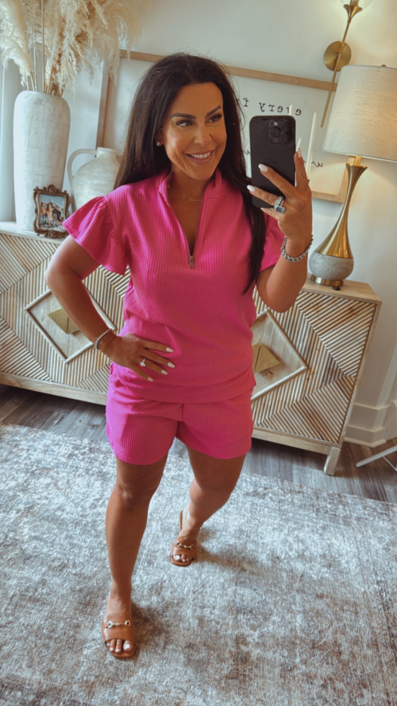 Pink Ribbed Textured Knit Shorts