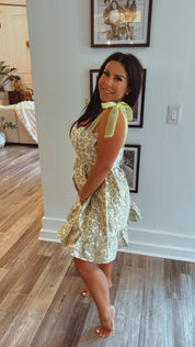Shiny Gold and Green Floral Mini Dress