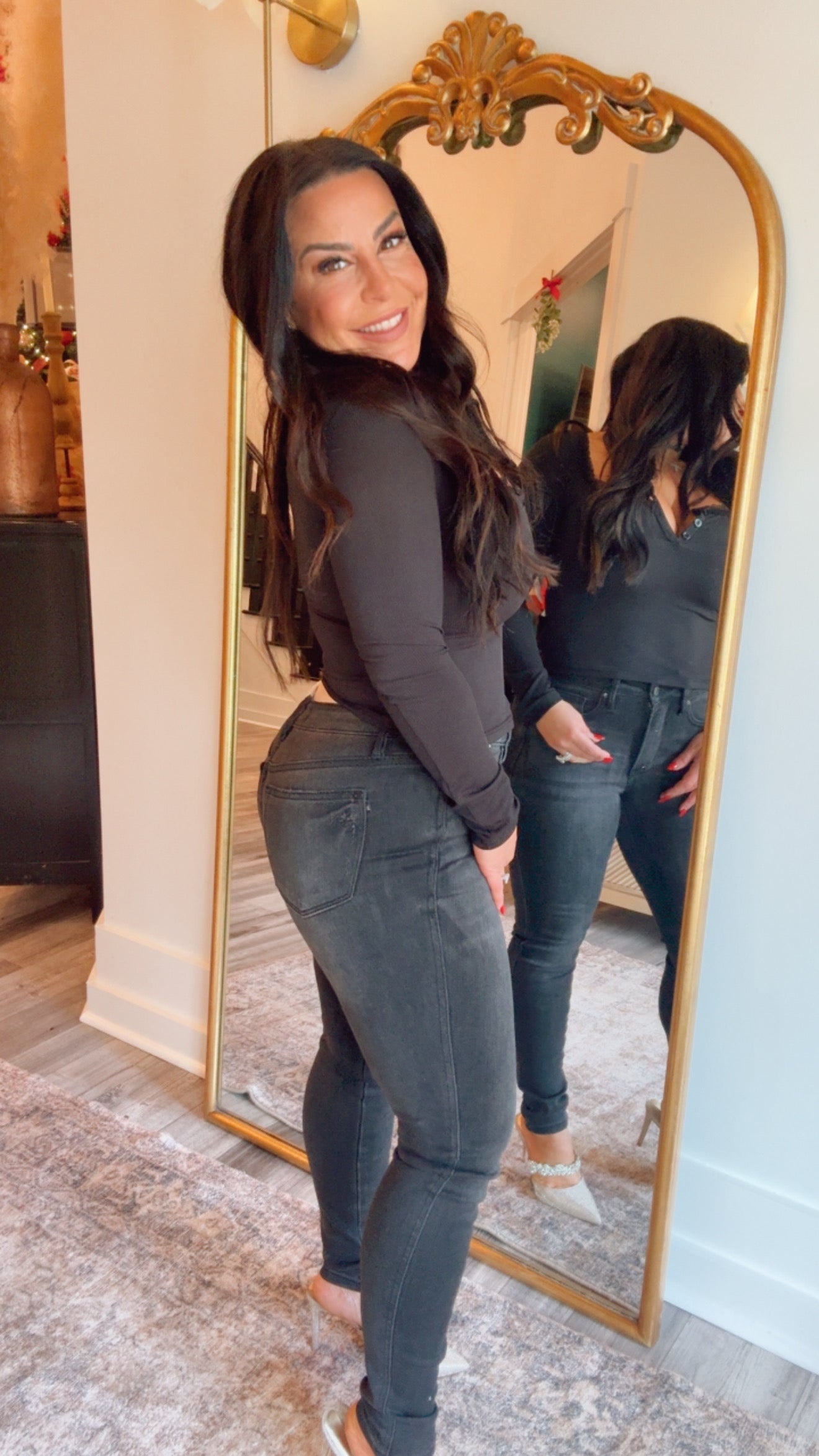 Black Ribbed Long Sleeve Lace Trim Top