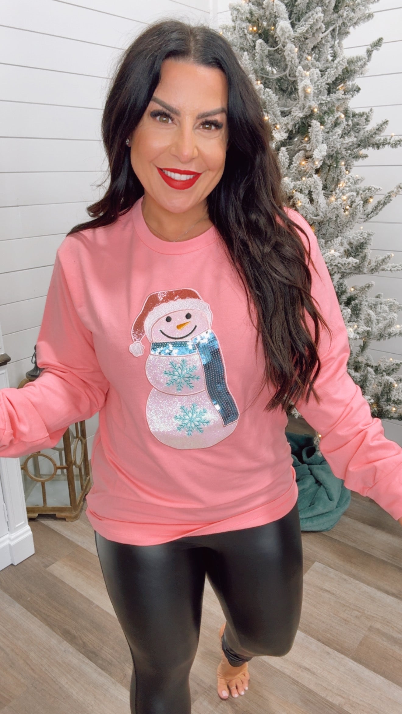 Ultra Soft Pink And Glitter Snowman Graphic Sweater