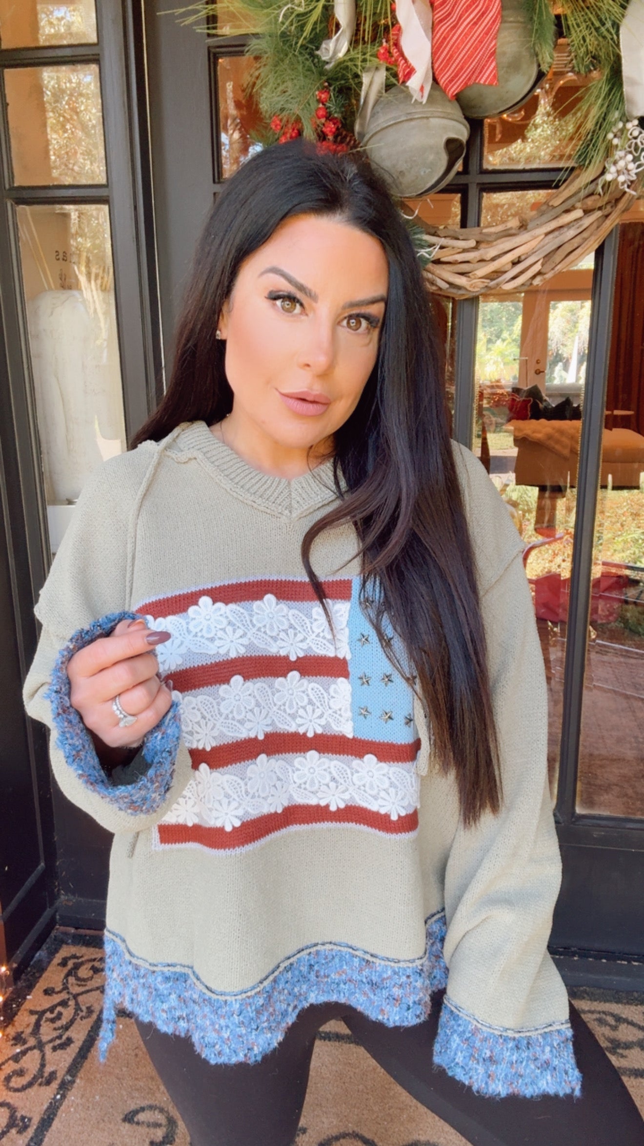 Olive POL Knit Hoodie With American Flag