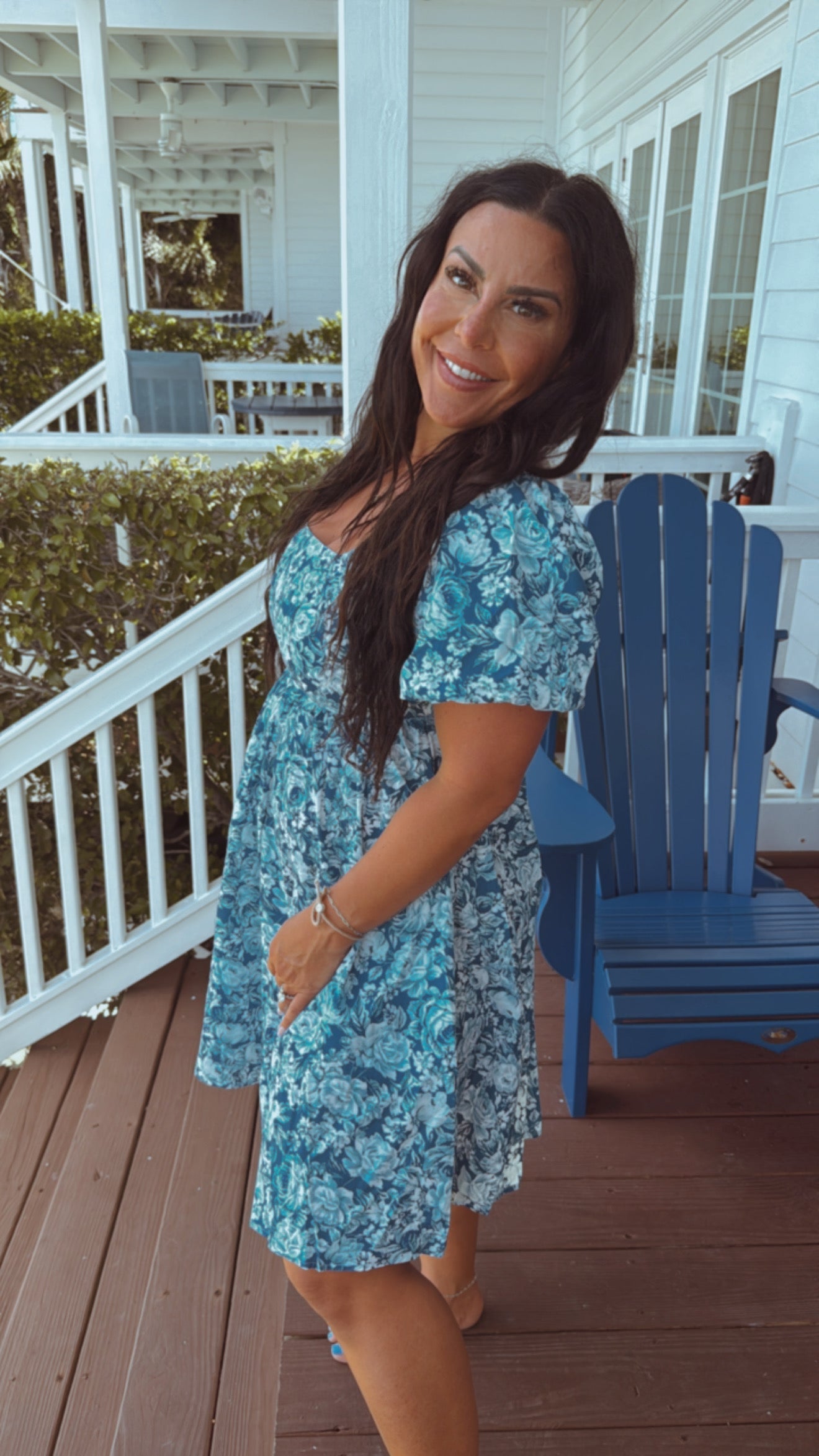 Chic Blue and White Floral Puff Sleeve Dress-DEA; OF THE DAY