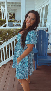 Chic Blue and White Floral Puff Sleeve Dress-DEA; OF THE DAY