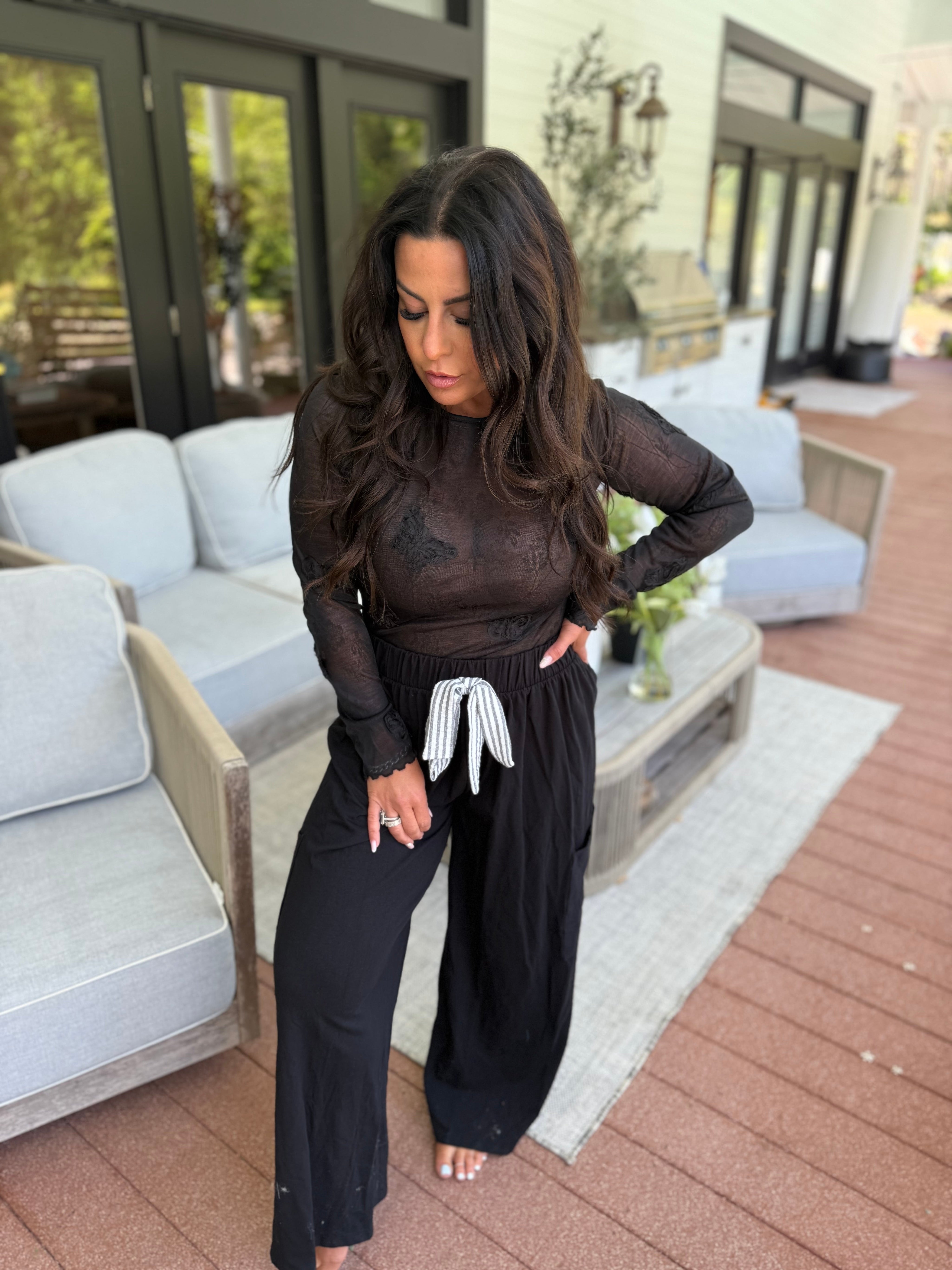 Ultra Soft Black Loose Fit Pants With Wide Linen Stripe Tie