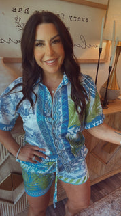 Green White and Blue Button Top and Shorts Set