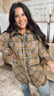 Oli and Hali Brown Mineral Washed Distressed Shacket