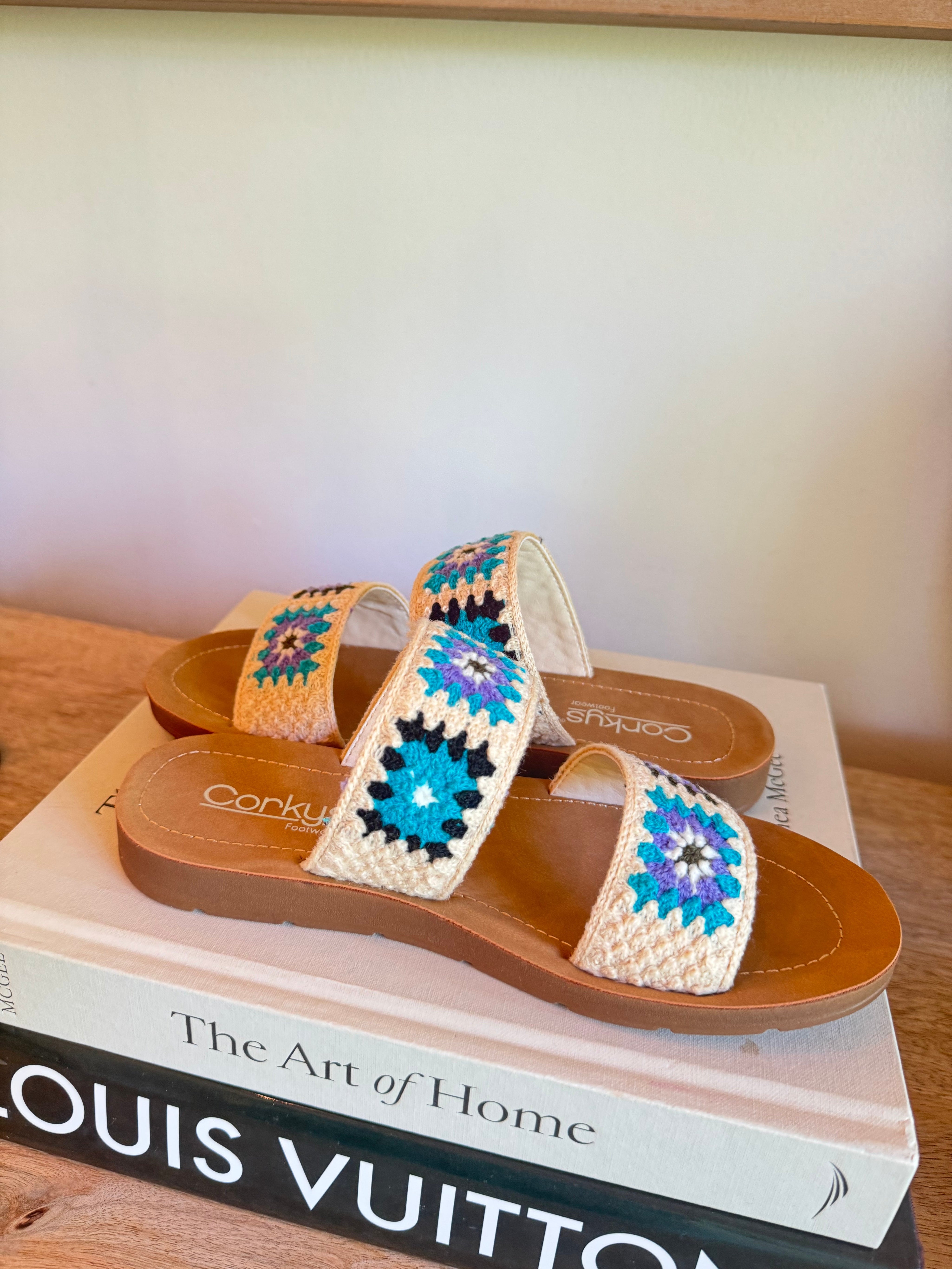 Corky Double Strap Light Tan and Blue Sandals
