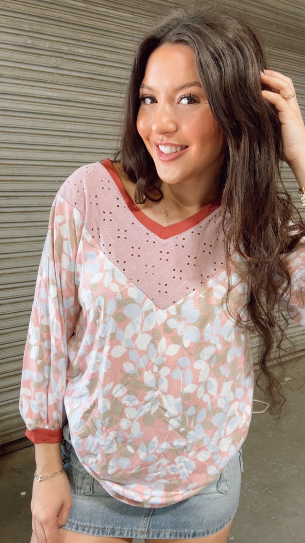Mauve and Floral Eyelet Lace Long Sleeve Top *Final Sale*