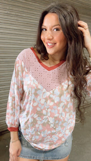 Mauve and Floral Eyelet Lace Long Sleeve Top *Final Sale*