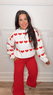 White And Red Stripe Heart Cut Out Sweater