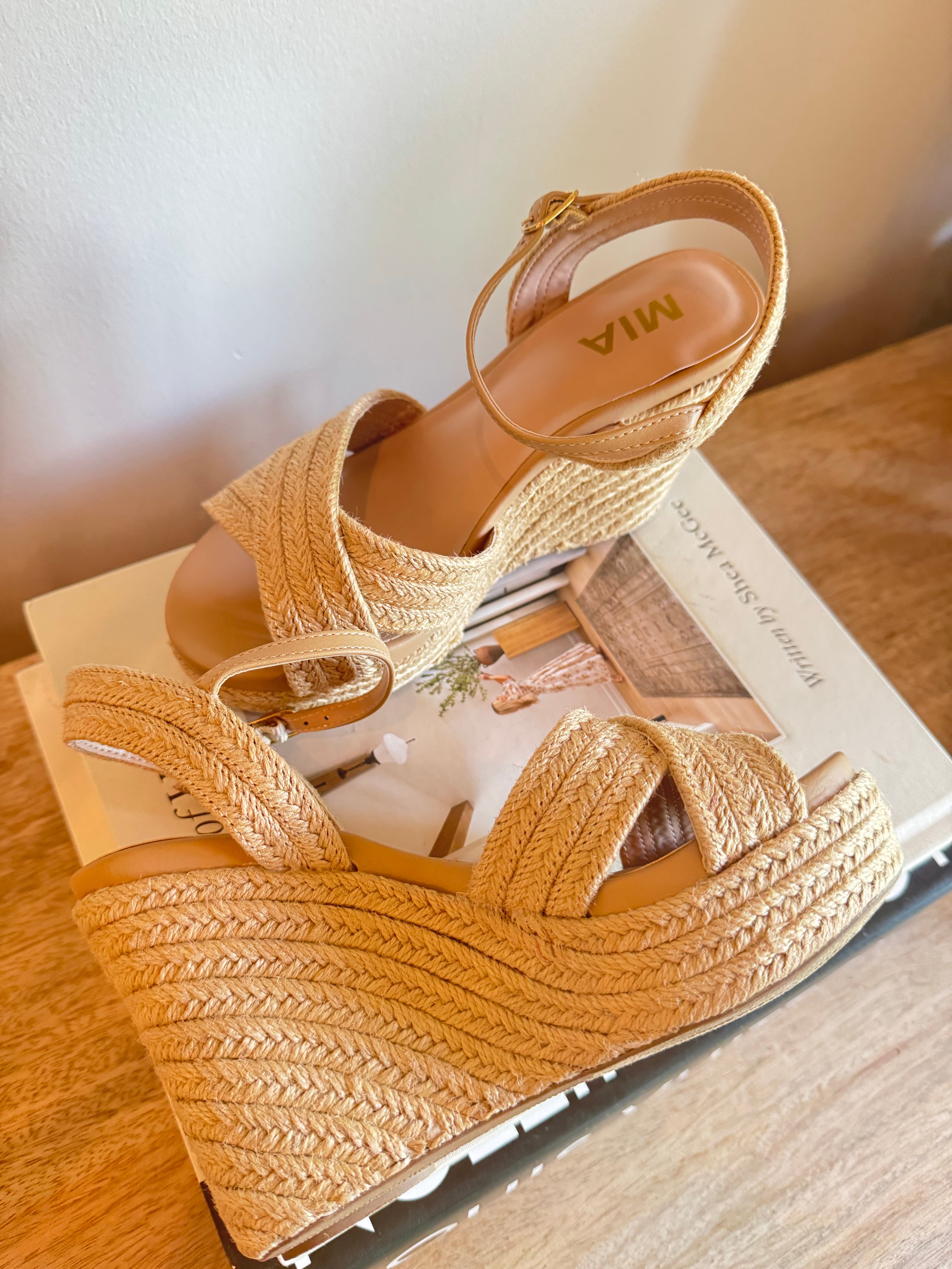 Natural Cross Strap Open To Wedge Mia Heel