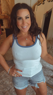 Ultra soft White Ribbed and Blue Piped Tank