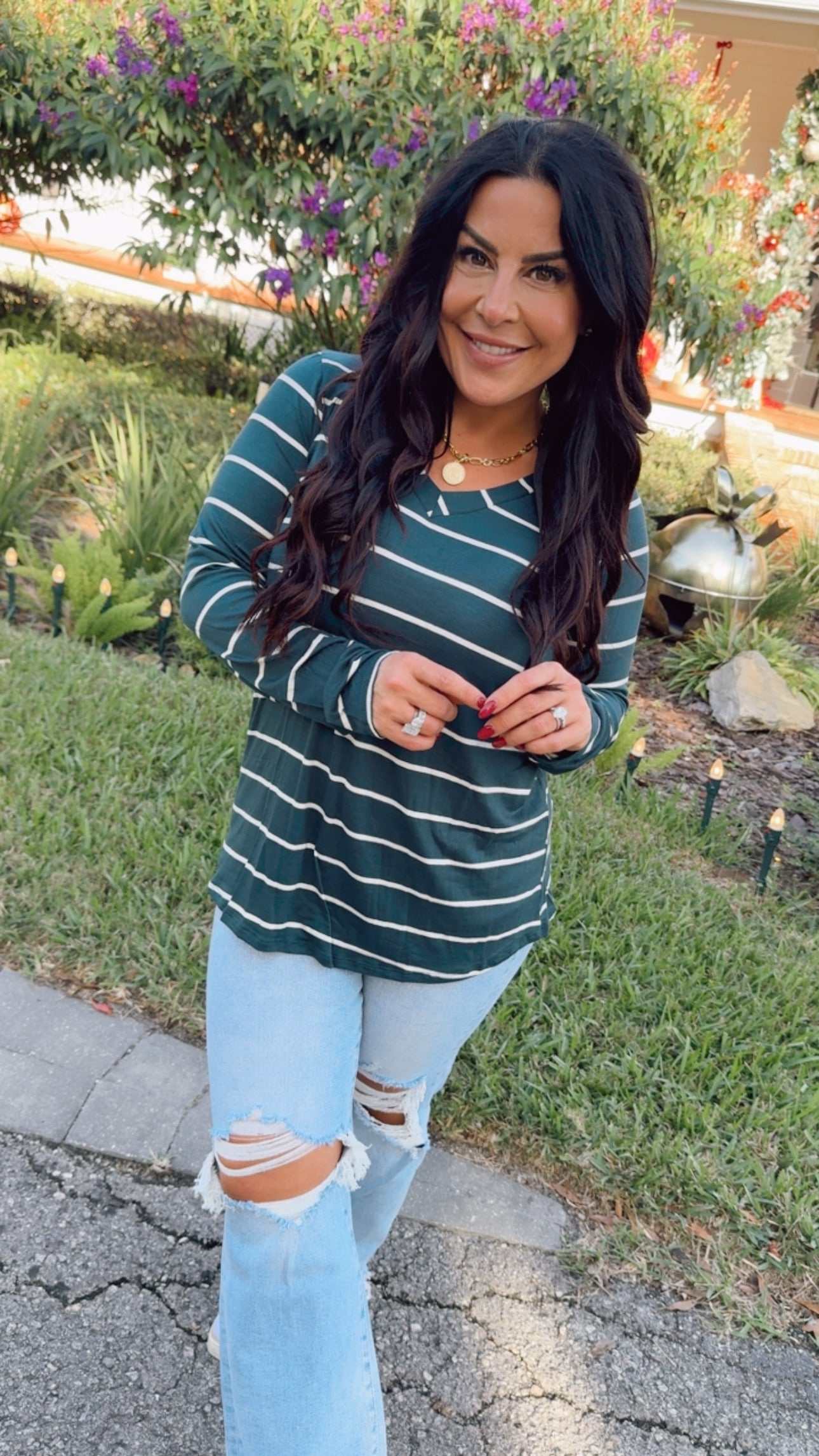 Hunter Green and White Ribbed Long Sleeve Top