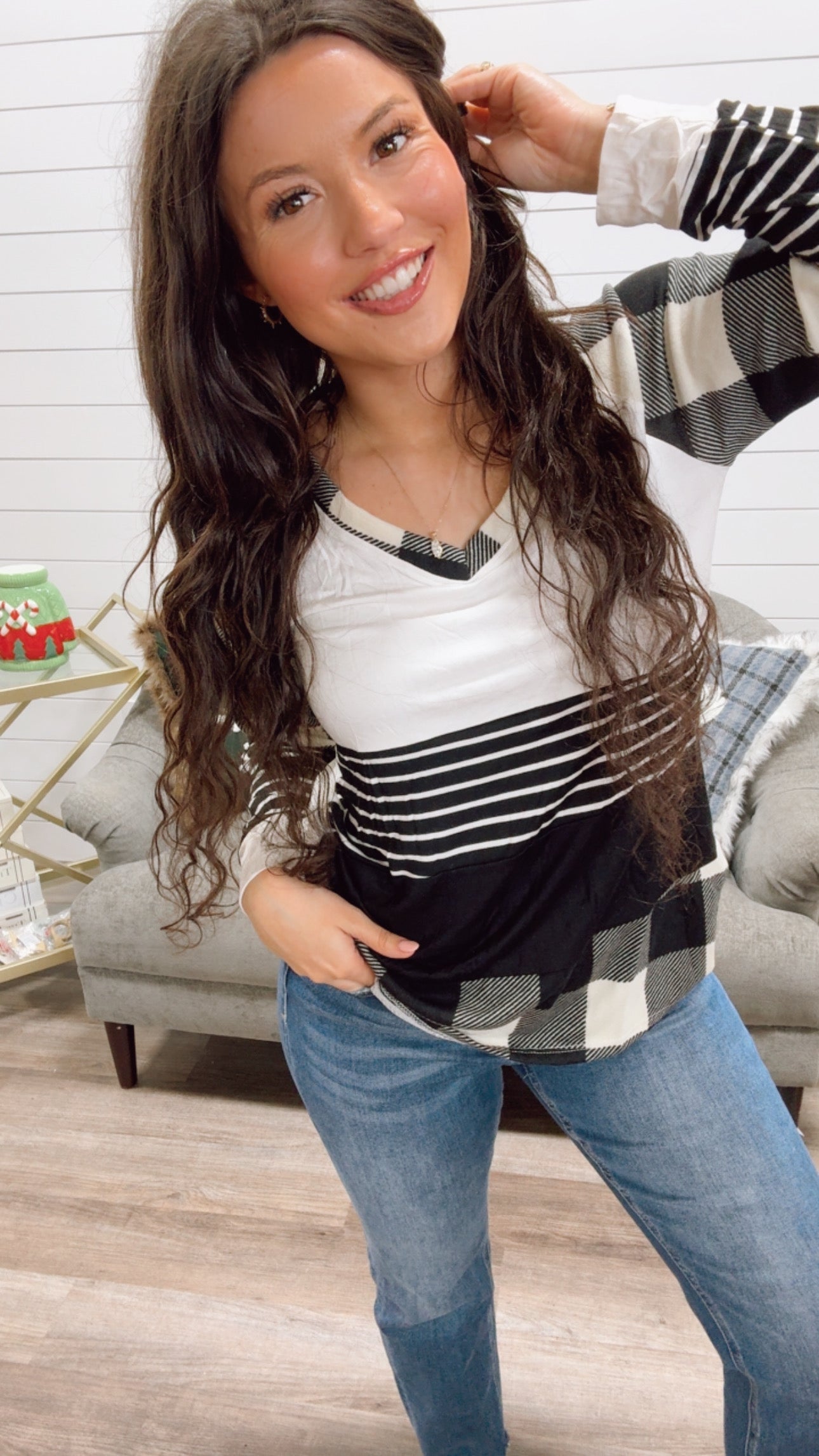 Black and White Plaid and Stripe Ultra Soft Long Sleeve Top *Final Sale*